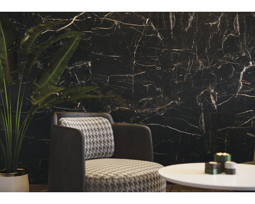 Mur décoratif aspect marbre, combiné avec une plante d'intérieur et un coin salon