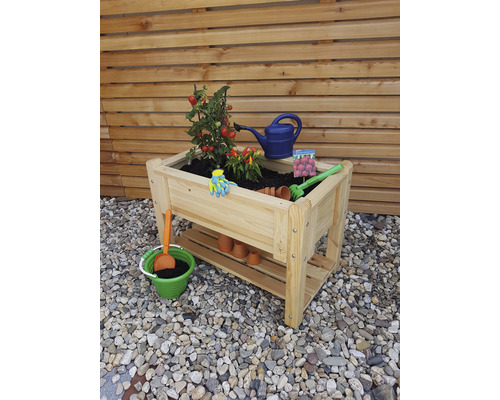 Hochbeet aus Holz mit Pflanzen, Giesskanne und Gartengeräten