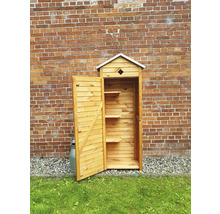 Armoire en bois pour l''extérieur avec porte ouverte devant un mur en briques