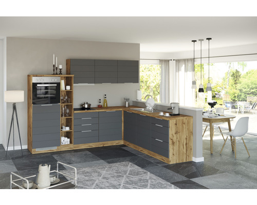 Moderne Küche mit grauen Schränken und Holzdekor