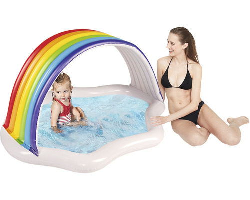 Aufblasbares Kinderplanschbecken mit Regenbogen-Sonnenschutz und zwei Personen