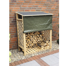 Holzlagerregal aus Holz mit Abdeckung vor einer Ziegelwand