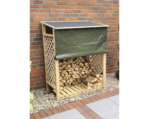 Abri bûches promadino Speyer avec protection contre les intempéries 119,5 x 68 x 148 cm naturel Étagère de stockage du bois en bois avec couverture devant un mur de briques