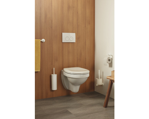 Salle de bains avec toilettes suspendues, plaque de commande et brosse de toilette
