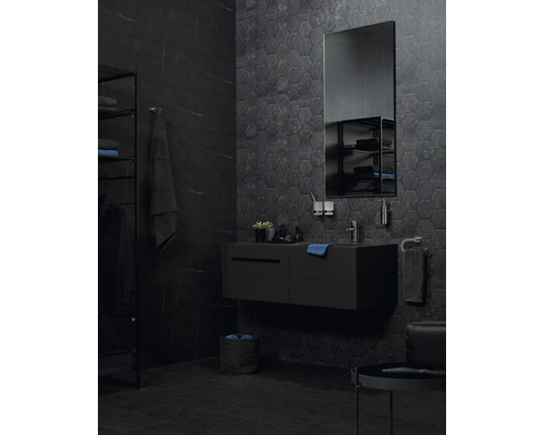 Salle de bains moderne avec carrelage foncé et meuble-lavabo