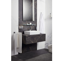 Salle de bains moderne avec lavabo en marbre et vasque à poser carrée.