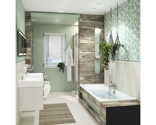 Carrelage sol et mur en grès cérame fin Velden marron 15x90cm Salle de bain lumineuse avec baignoire, lavabos, miroir, fenêtre et éléments décoratifs.