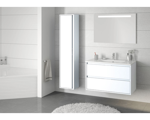 Salle de bains lumineuse avec meuble sous-lavabo, armoire de toilette et armoire haute