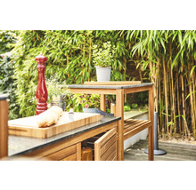 Cuisine extérieure avec plans de travail, armoires et étagères sur fond naturel.