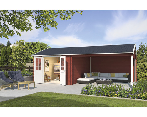 Gartenhaus Outdoor Life El Paso inkl. seitliche Überdachung 701 x 407,1 cm schwedischrot