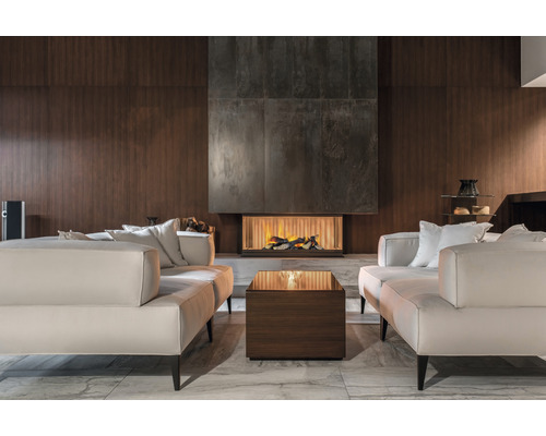 Salon avec cheminée, canapé et table basse