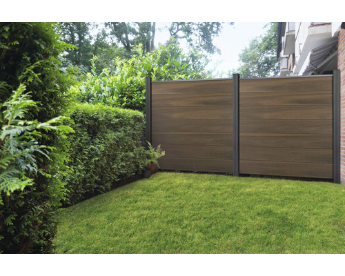 Scène de jardin avec un écran de confidentialité en bois et des plantes