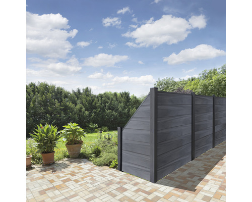 Vue de jardin avec des éléments de protection visuelle gris formant une limite de propriété