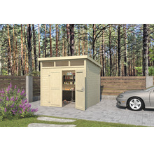 Abri de jardin en bois avec porte ouverte, étagère et outil de jardin