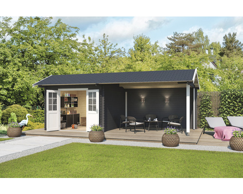 Gartenhaus Outdoor Life New York inkl. seitliche Überdachung 720 x 389,3 cm carbongrau