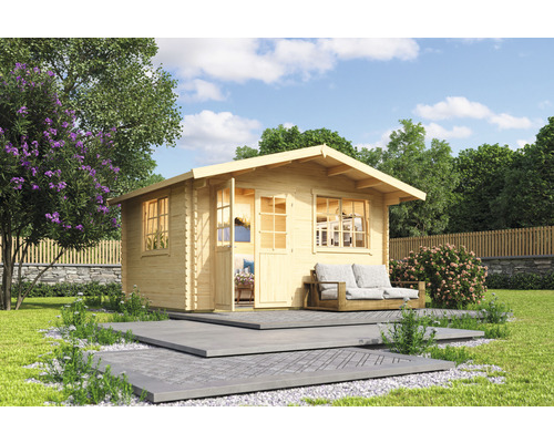 Abri de jardin Outdoor Life Norderney 2 avec plancher 444,6 x 390 cm nature Maison de jardin en bois avec terrasse et coin salon dans un jardin