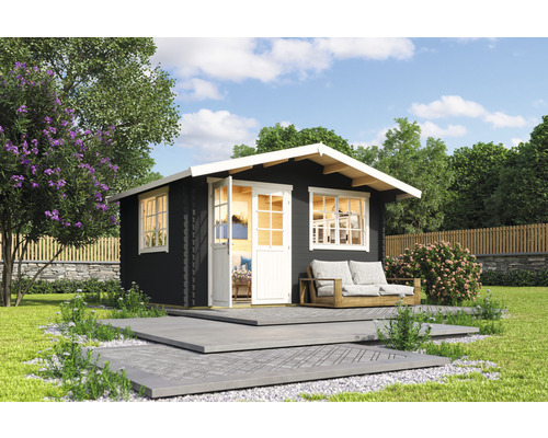 Gartenhaus Outdoor Life Norderney 2 inkl. Fußboden 444,6 x 390 cm carbongrau Garten mit Holzgartenhaus in Blockbohlenbauweise, Terrasse und Sitzgelegenheit