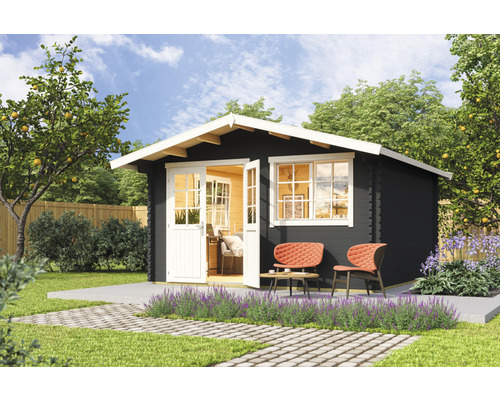 Gartenhaus Outdoor Life Norderney 3 inkl. Fußboden 444,6 x 480 cm carbongrau Gartenhaus mit Doppeltür, Fenstern und Gartenmöbeln auf einer Terrasse