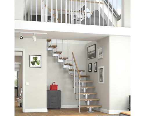 Escalier dans un espace de vie avec marches en bois et rampes