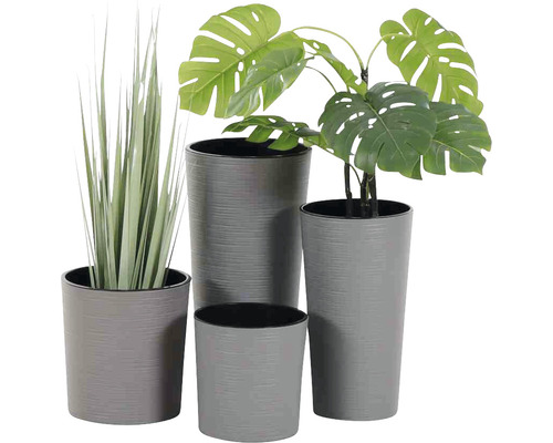 Quatre cache-pots gris avec plantes