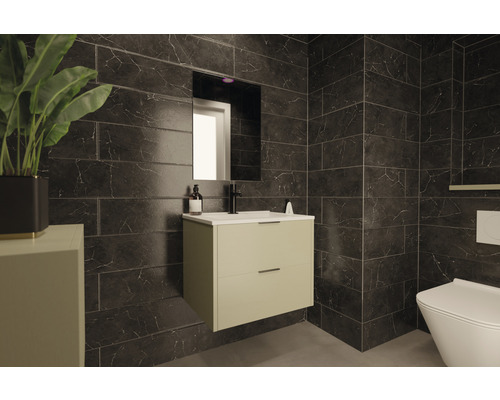 Salle de bain moderne avec meuble sous-lavabo, miroir, toilettes et carrelage foncé