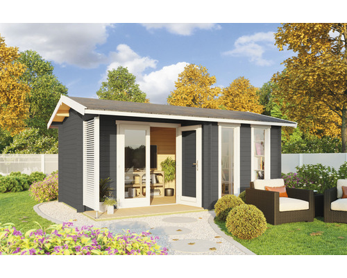 Abri de jardin Outdoor Life Riverside avec plancher 540 x 357,1 cm gris carbone Abri de jardin en bois gris avec terrasse dans le jardin