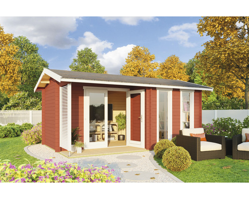 Abri de jardin Outdoor Life Riverside avec plancher 540 x 357,1 cm rouge de falun Abri de jardin en bois avec porte double et mobilier de jardin à l''extérieur