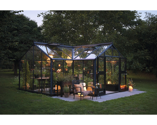 Serre aux parois de verre et plantes dans le jardin