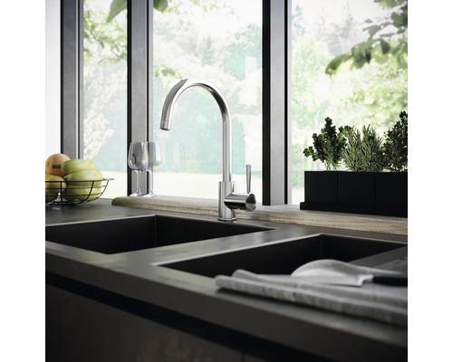 Scène de cuisine avec mitigeur d''évier, évier, fruits et herbes aromatiques devant une fenêtre