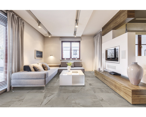 Salon moderne avec carrelage de sol gris aspect marbre, canapé et télévision