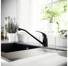 Robinet de cuisine noir à côté d''un évier et d''un rebord de fenêtre avec des plantes en pot.