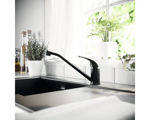 Robinet de cuisine noir à côté d''un évier et d''un rebord de fenêtre avec des plantes en pot.