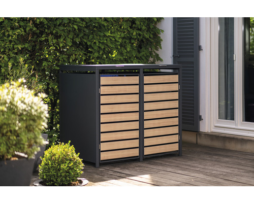 Doppel Mülltonnenbox aus Metall und Holz für den Aussenbereich