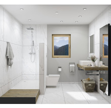 Modernes Badezimmer mit Dusche, Waschtisch und Toilette.