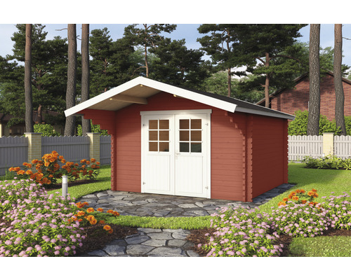 Abri de jardin Outdoor Life Viljandi 34 avec auvent 339,7 x 445 cm rouge de falun Abri de jardin en bois avec double porte dans le jardin