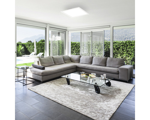 Salon lumineux avec grand canapé, tapis et plafonnier carré