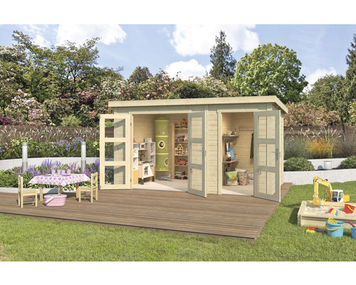Abri de jardin Outdoor Life Zambezi XL avec local à outils 400 x 259,7 cm nature Maison de jeu en bois avec portes ouvertes, jouets et bac à sable dans le jardin