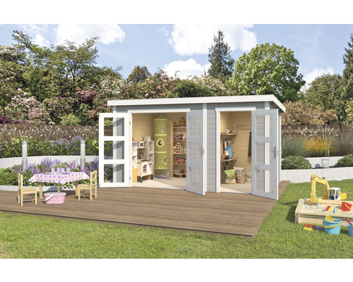 Abri de jardin Outdoor Life Zambezi XL avec local à outils 400 x 259,7 cm gris clair Maisonnette en bois pour enfants avec portes ouvertes dans le jardin avec des jouets