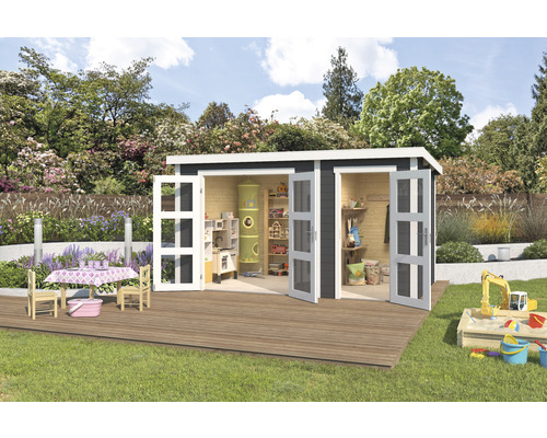 Abri de jardin Outdoor Life Zambezi XL avec local à outils 400 x 259,7 cm gris carbone Scène avec une cabane de jardin avec des portes ouvertes, une aire de jeux, un bac à sable et des meubles de jardin