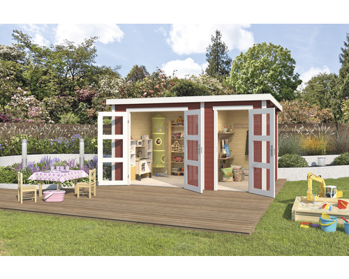 Abri de jardin Outdoor Life Zambezi XL avec local à outils 400 x 259,7 cm rouge de falun Maison de jardin en bois avec jouets sur une pelouse