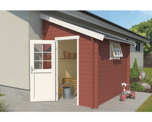 Abri de jardin Outdoor Life Jura avec local à outils 214,6 x 295 cm rouge de falun Abri de jardin avec porte et fenêtre ouvertes