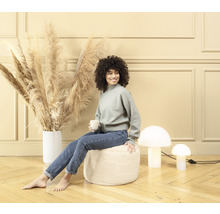 Scène d''intérieur décorative avec femme, pouf, lampes champignons et graminées ornementales dans un vase