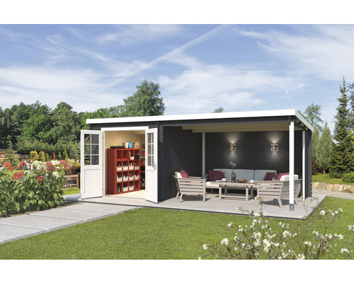 Gartenhaus Outdoor Life Saint Paul inkl. seitliche Überdachung 570 x 275 cm carbongrau