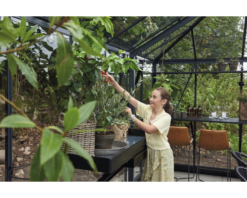 Serre avec intérieur et une fille s''occupant d''une plante