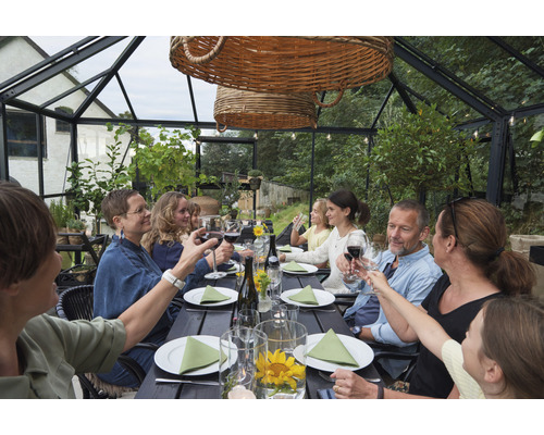 Groupe de personnes assises à une table dans une serre trinquent avec des verres de vin