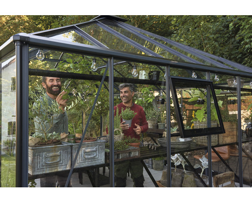 Serre avec deux hommes et des plantes sur des étagères