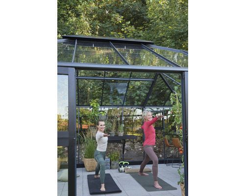 Deux femmes font du yoga dans une serre aux parois en verre et à cadre noir.