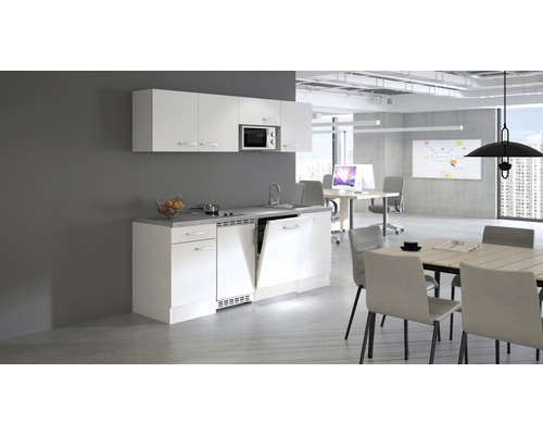 Cuisine de bureau moderne avec évier, lave-vaisselle, micro-ondes et espace de rangement