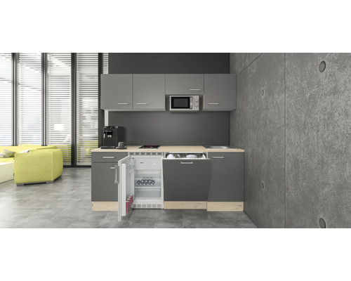 Bloc cuisine complète équipée Flex Well Tiago 210 cm façade gris basalte mate, corps chêne clair san remo variante réversible démonté