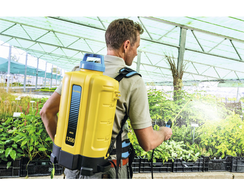 Un homme utilise un pulvérisateur à dos dans une serre.